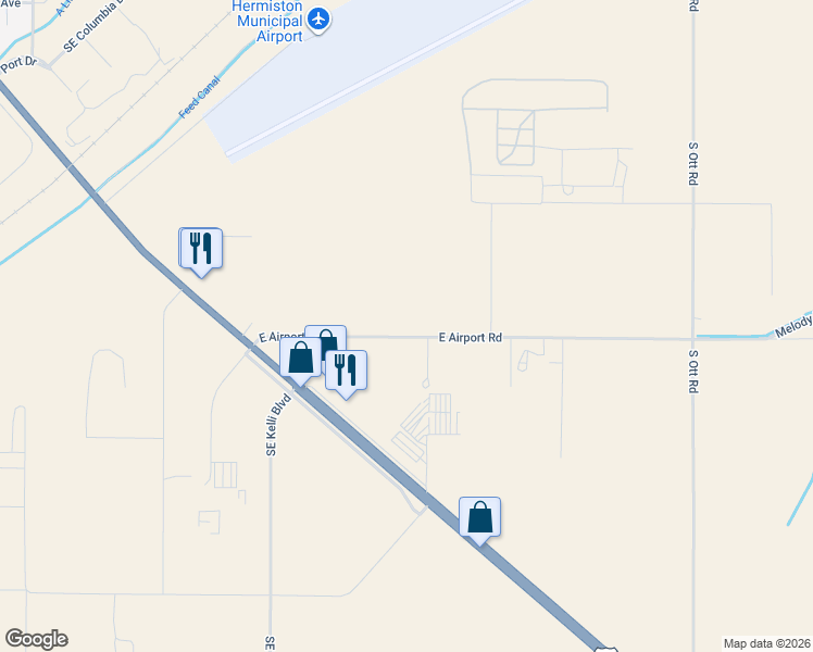 map of restaurants, bars, coffee shops, grocery stores, and more near 1555 East Airport Road in Hermiston