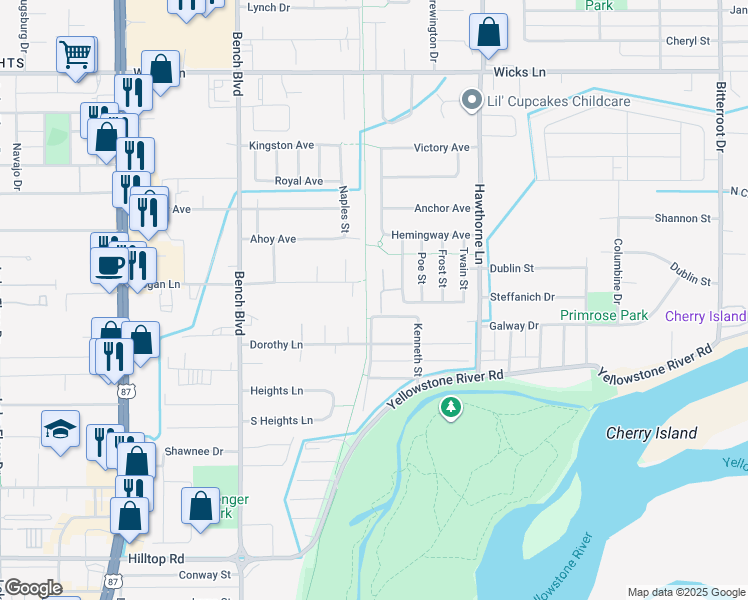 map of restaurants, bars, coffee shops, grocery stores, and more near 1226 Cottonwood Boulevard in Billings