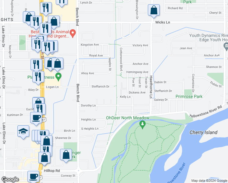map of restaurants, bars, coffee shops, grocery stores, and more near 950 Steffanich Drive in Billings