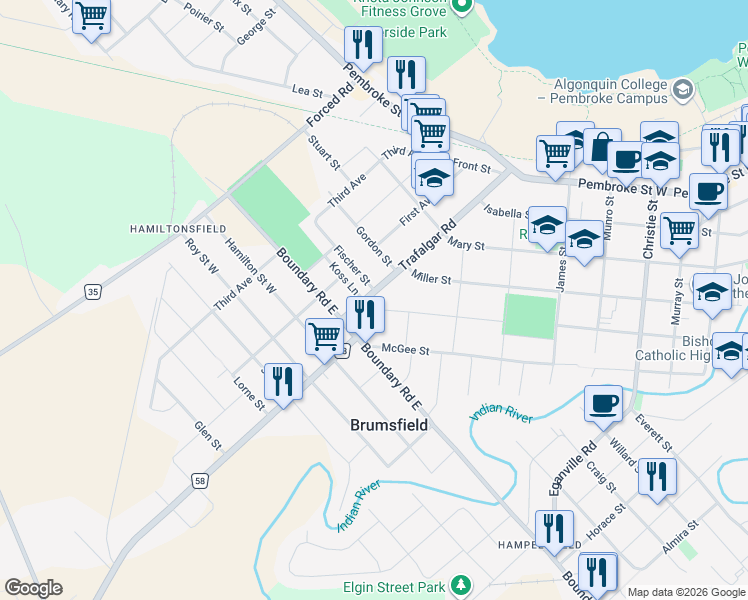 map of restaurants, bars, coffee shops, grocery stores, and more near 415 Trafalgar Road in Pembroke