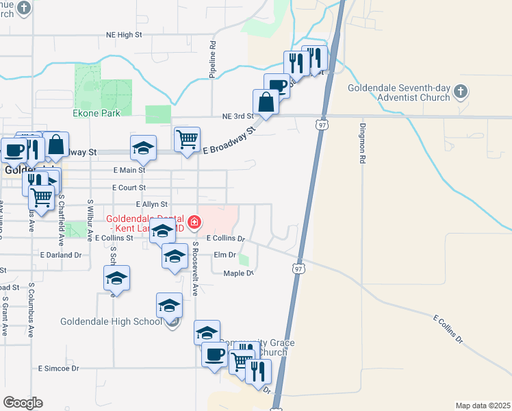 map of restaurants, bars, coffee shops, grocery stores, and more near 304 Brashear Way in Goldendale