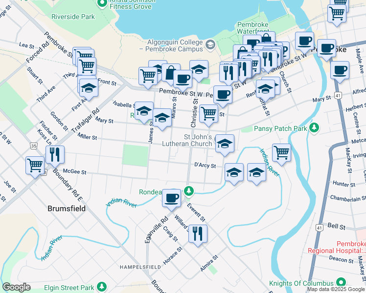 map of restaurants, bars, coffee shops, grocery stores, and more near 436 Miller Street in Pembroke