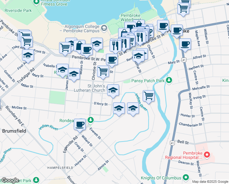 map of restaurants, bars, coffee shops, grocery stores, and more near 361 Doran Street in Pembroke