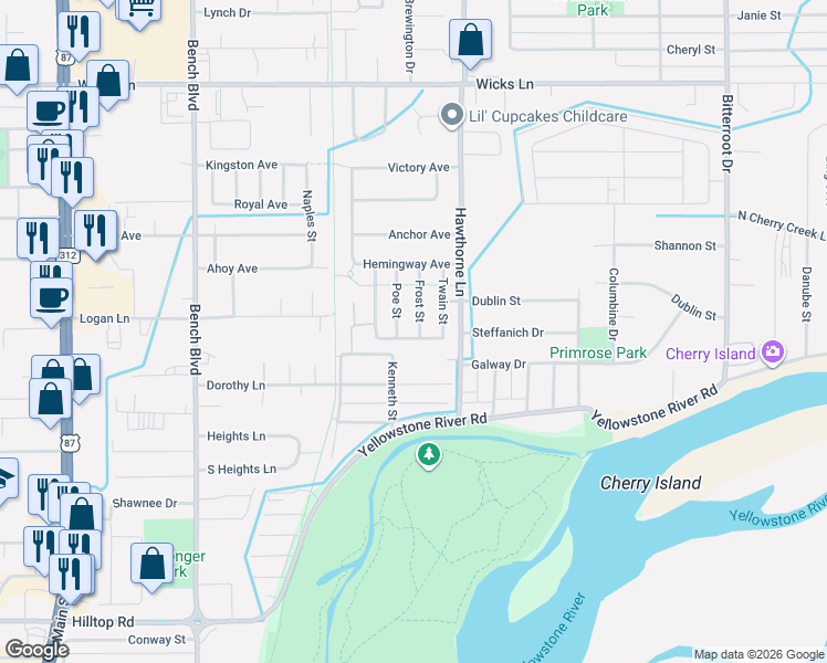 map of restaurants, bars, coffee shops, grocery stores, and more near 1110 Dickens Avenue in Billings