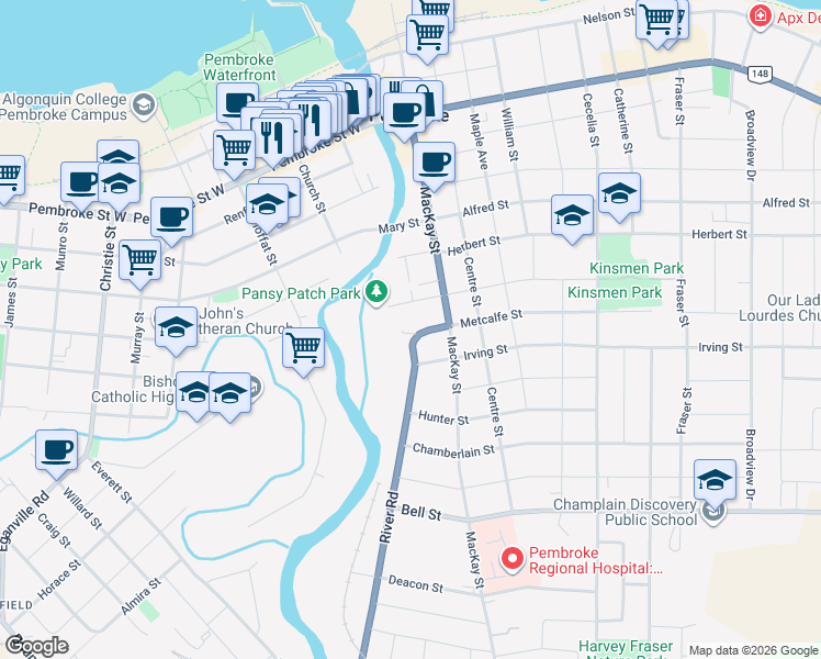 map of restaurants, bars, coffee shops, grocery stores, and more near 105 Metcalfe Street in Pembroke