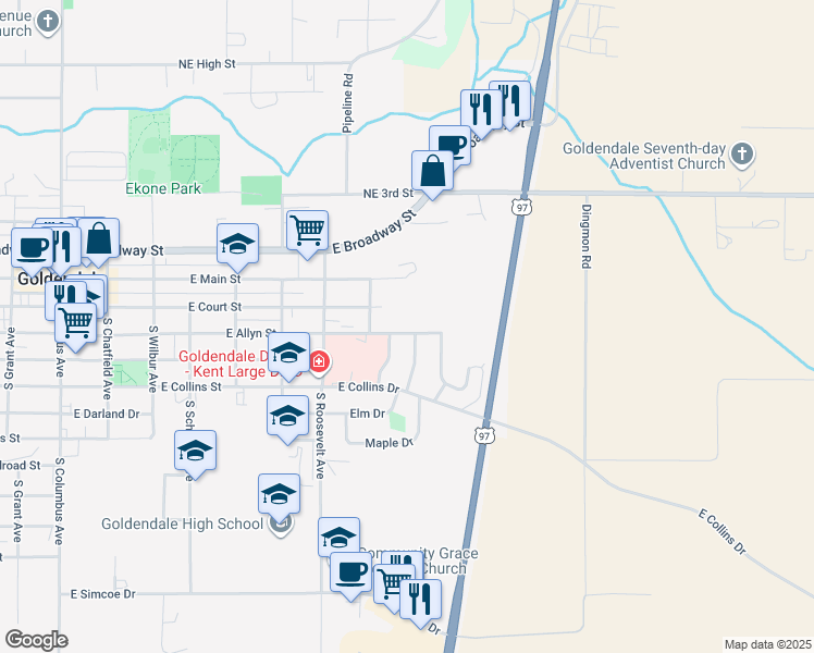 map of restaurants, bars, coffee shops, grocery stores, and more near 304 Brashear Way in Goldendale