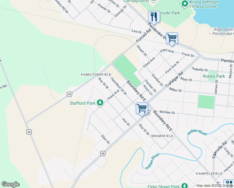 map of restaurants, bars, coffee shops, grocery stores, and more near 638 Roy Street in Pembroke