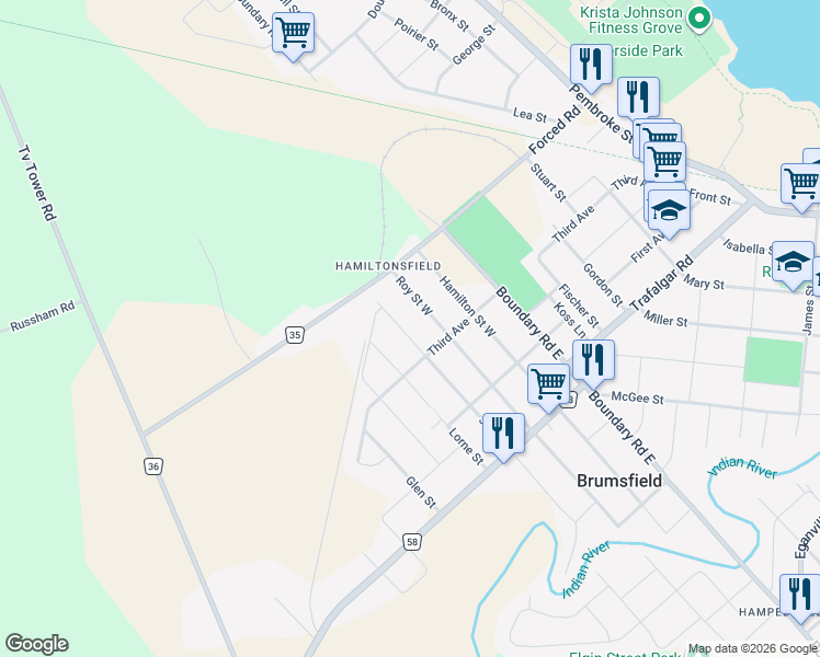 map of restaurants, bars, coffee shops, grocery stores, and more near 653 Joe Street in Pembroke