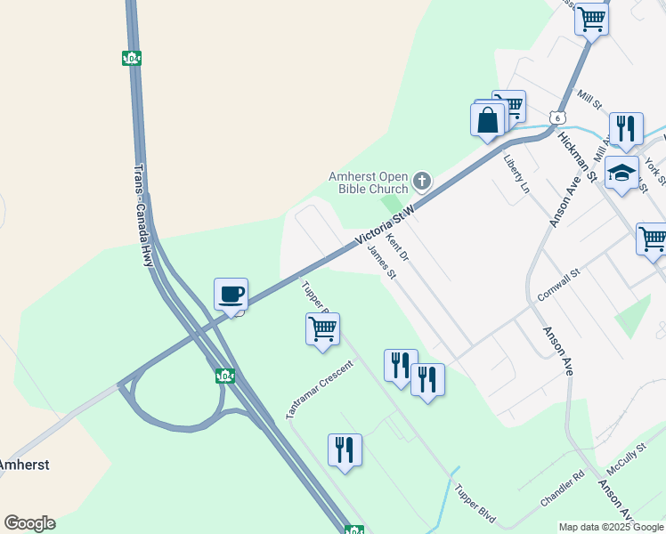 map of restaurants, bars, coffee shops, grocery stores, and more near 116 Nova Scotia 6 in Amherst