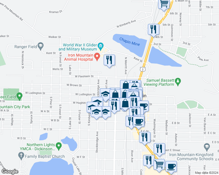 map of restaurants, bars, coffee shops, grocery stores, and more near 200-298 West Ludington Street in Iron Mountain