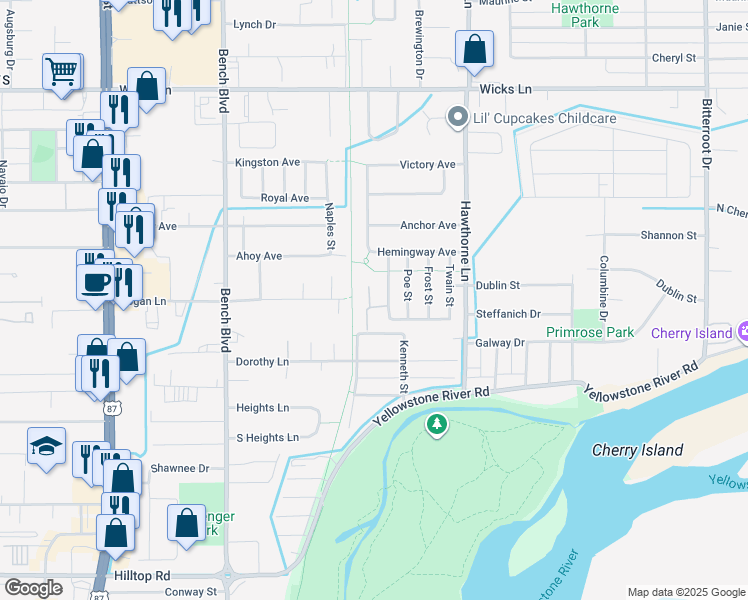 map of restaurants, bars, coffee shops, grocery stores, and more near 1214 Cottonwood Boulevard in Billings