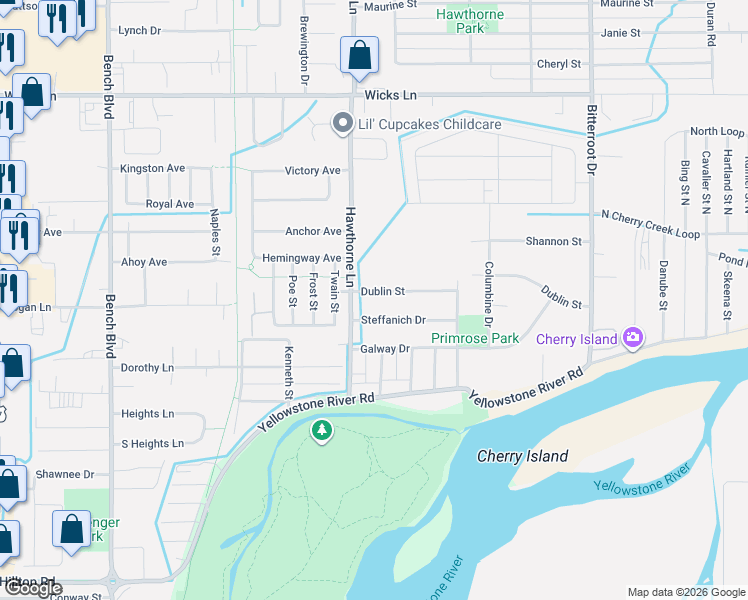 map of restaurants, bars, coffee shops, grocery stores, and more near 1219 Dublin Street in Billings