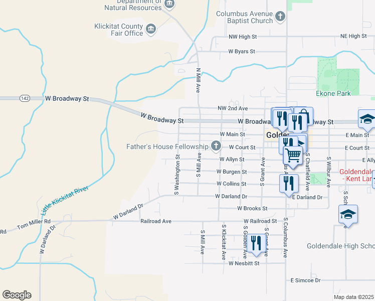 map of restaurants, bars, coffee shops, grocery stores, and more near 518 West Main Street in Goldendale