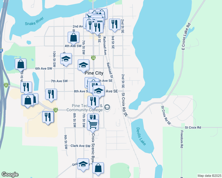 map of restaurants, bars, coffee shops, grocery stores, and more near 320 7th Avenue Southeast in Pine City