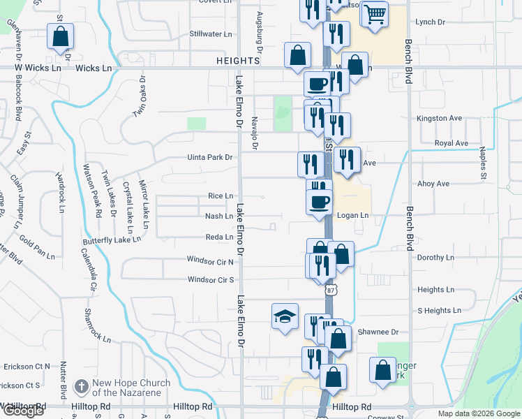 map of restaurants, bars, coffee shops, grocery stores, and more near 1225 Lake Elmo Drive in Billings