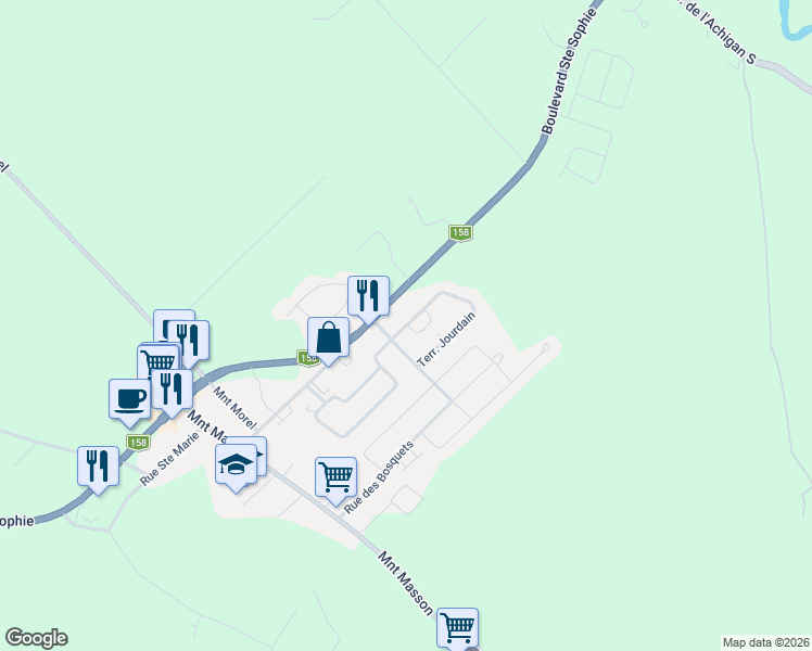 map of restaurants, bars, coffee shops, grocery stores, and more near 2103 Terrasse Jourdain in Sainte-Sophie