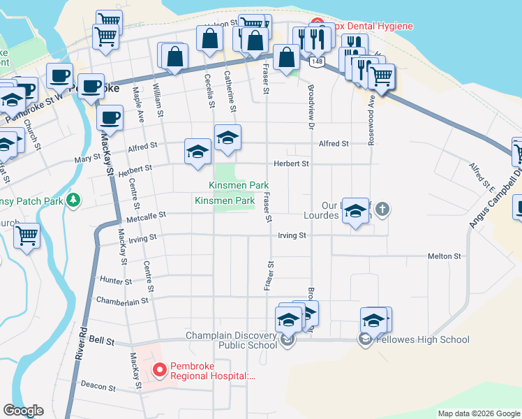 map of restaurants, bars, coffee shops, grocery stores, and more near 470 Fraser Street in Pembroke