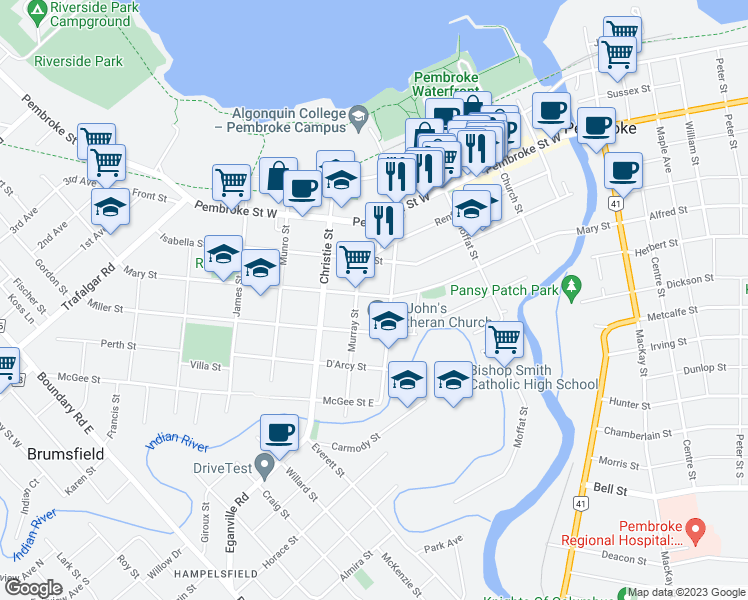 map of restaurants, bars, coffee shops, grocery stores, and more near 360 Mary Street in Pembroke