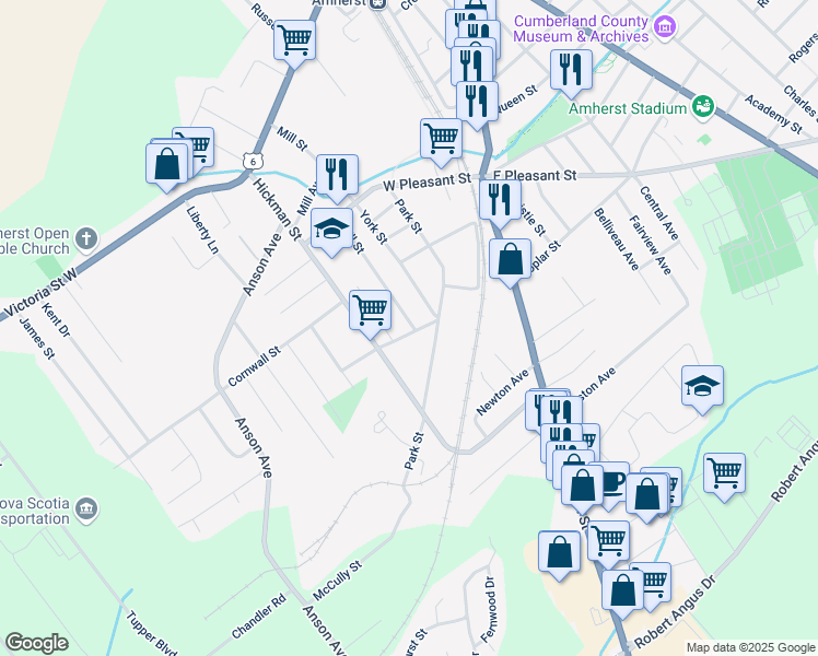 map of restaurants, bars, coffee shops, grocery stores, and more near 41 Hill Street in Amherst