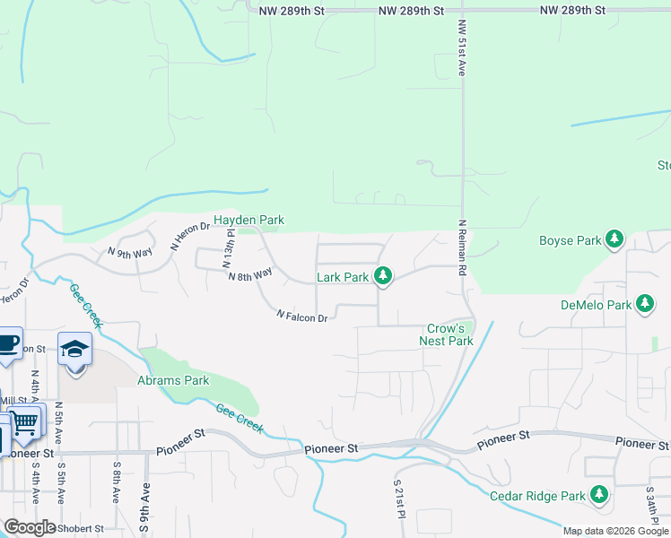 map of restaurants, bars, coffee shops, grocery stores, and more near 1831 North 8th Way in Ridgefield
