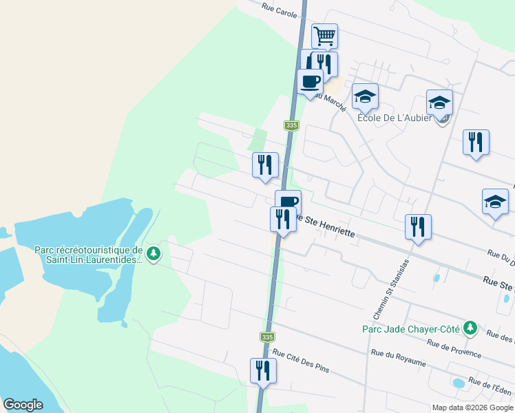 map of restaurants, bars, coffee shops, grocery stores, and more near Rue Olivia in Saint-Lin-Laurentides