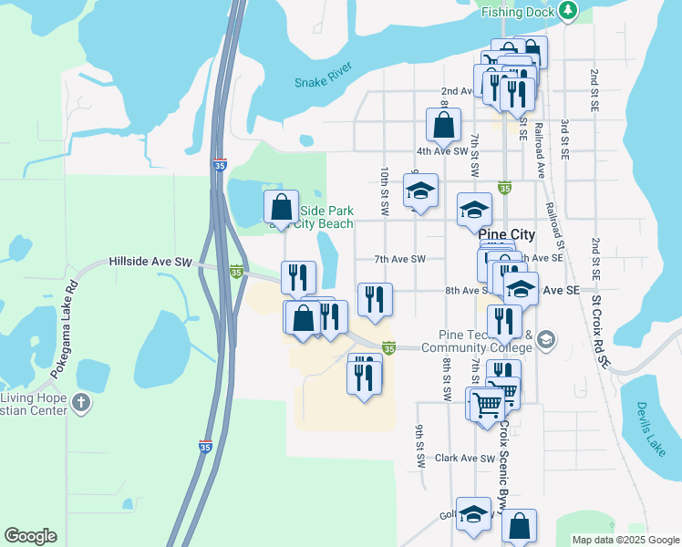 map of restaurants, bars, coffee shops, grocery stores, and more near 655 11th Street Southwest in Pine City