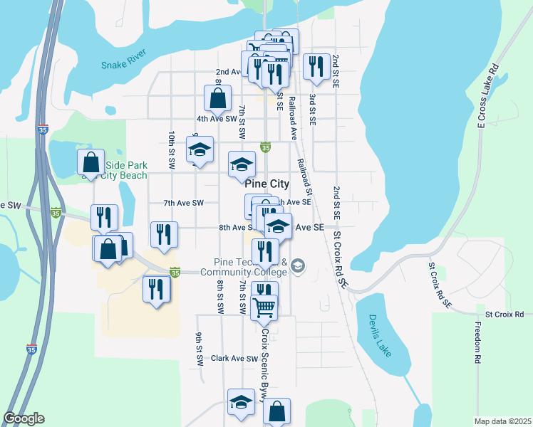 map of restaurants, bars, coffee shops, grocery stores, and more near 700 Main Street South in Pine City