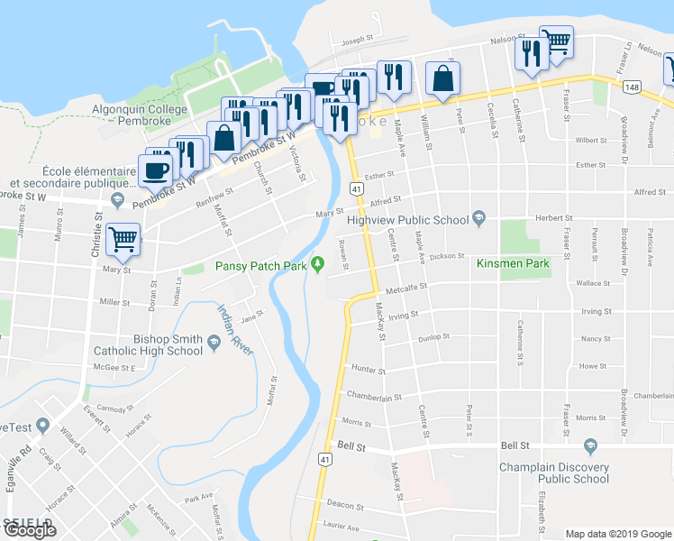 map of restaurants, bars, coffee shops, grocery stores, and more near 87 Dickson Street in Pembroke