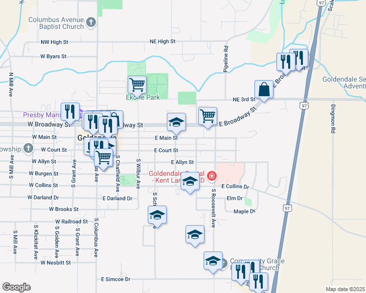 map of restaurants, bars, coffee shops, grocery stores, and more near 524 East Main Street in Goldendale