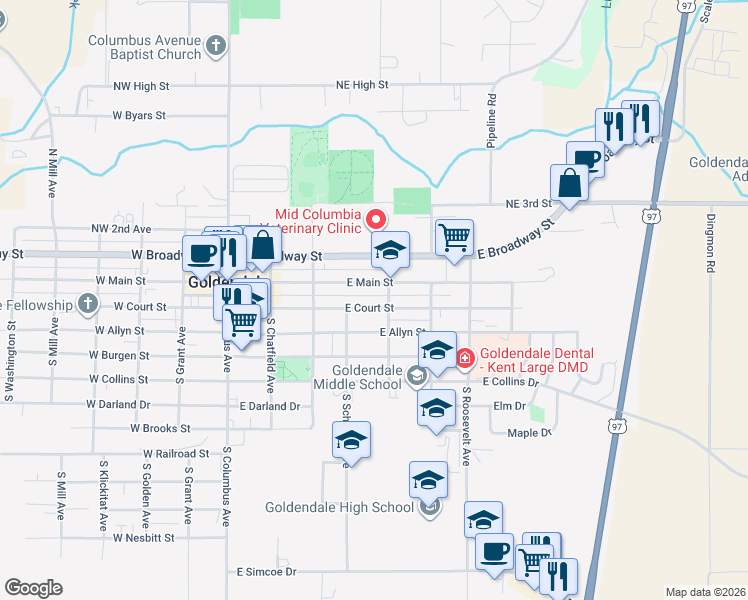 map of restaurants, bars, coffee shops, grocery stores, and more near 428 East Main Street in Goldendale