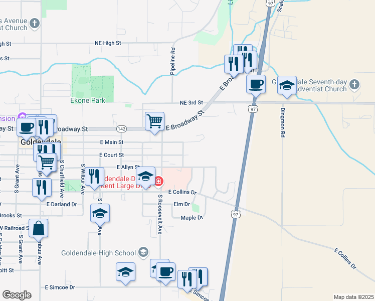 map of restaurants, bars, coffee shops, grocery stores, and more near 806 East Main Street in Goldendale