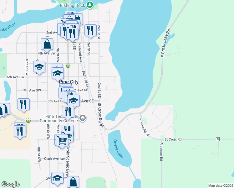 map of restaurants, bars, coffee shops, grocery stores, and more near 112 7th Avenue Southeast in Pine City