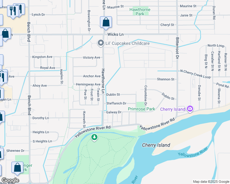 map of restaurants, bars, coffee shops, grocery stores, and more near 1231 Dublin Street in Billings