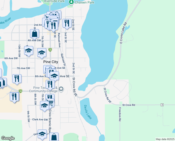 map of restaurants, bars, coffee shops, grocery stores, and more near 112 7th Avenue Southeast in Pine City