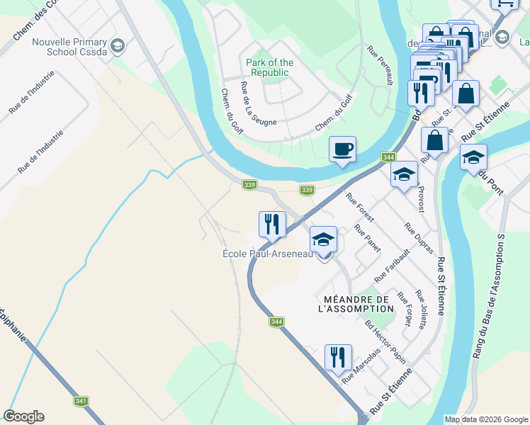map of restaurants, bars, coffee shops, grocery stores, and more near 220 Boulevard Hector-Papin in L'Assomption