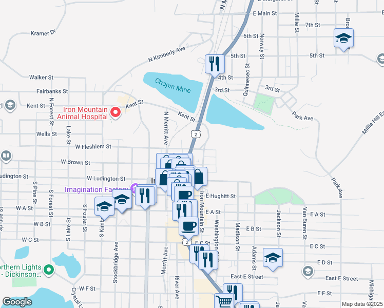 map of restaurants, bars, coffee shops, grocery stores, and more near 163-199 East Fleshiem Street in Iron Mountain