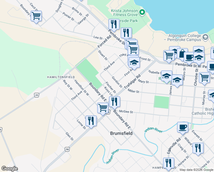 map of restaurants, bars, coffee shops, grocery stores, and more near 702 Fischer Street in Pembroke