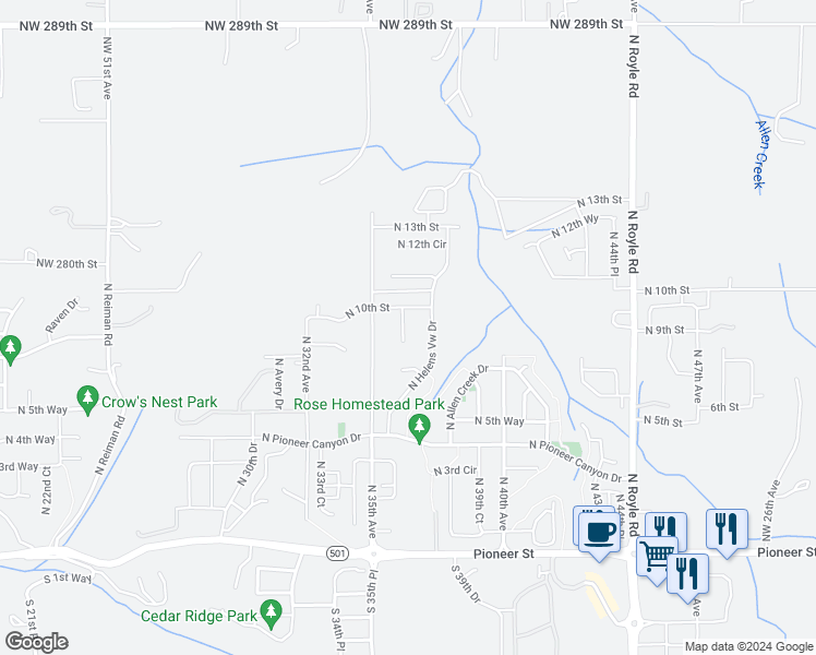 map of restaurants, bars, coffee shops, grocery stores, and more near 844 North 35th Avenue in Ridgefield