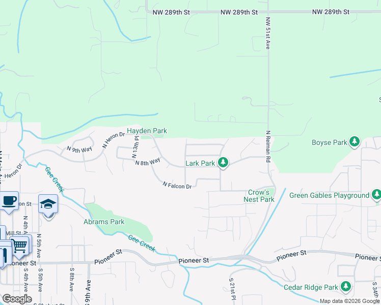 map of restaurants, bars, coffee shops, grocery stores, and more near 1814 North 8th Way in Ridgefield