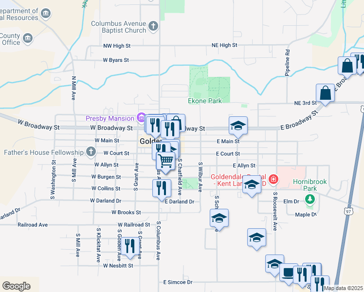 map of restaurants, bars, coffee shops, grocery stores, and more near 120 South Chatfield Avenue in Goldendale