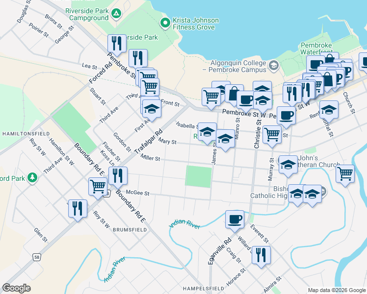 map of restaurants, bars, coffee shops, grocery stores, and more near in Pembroke