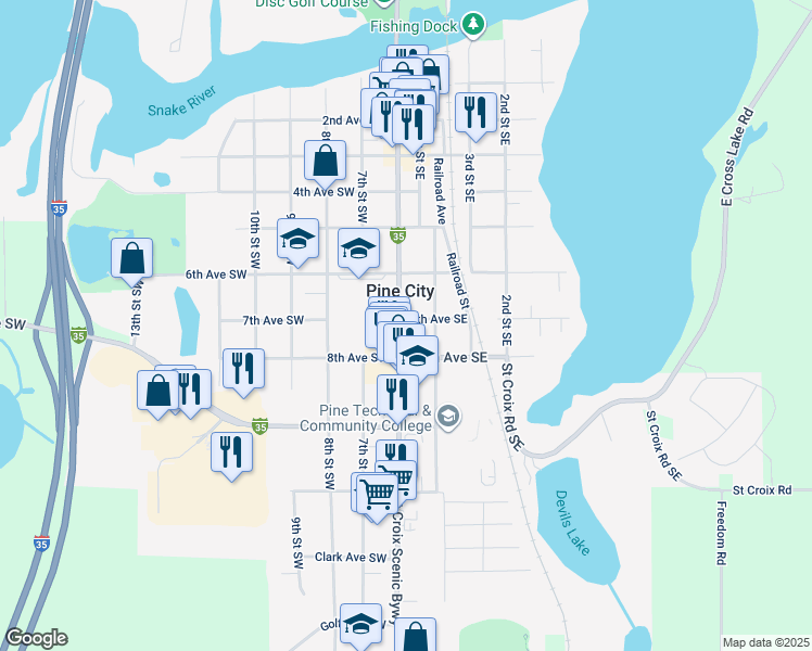 map of restaurants, bars, coffee shops, grocery stores, and more near 700 Main Street South in Pine City