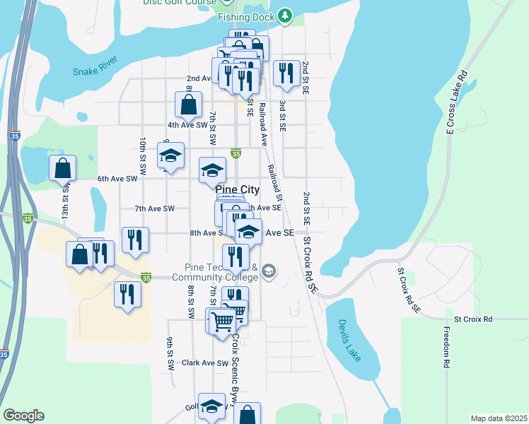 map of restaurants, bars, coffee shops, grocery stores, and more near 320 7th Avenue Southeast in Pine City