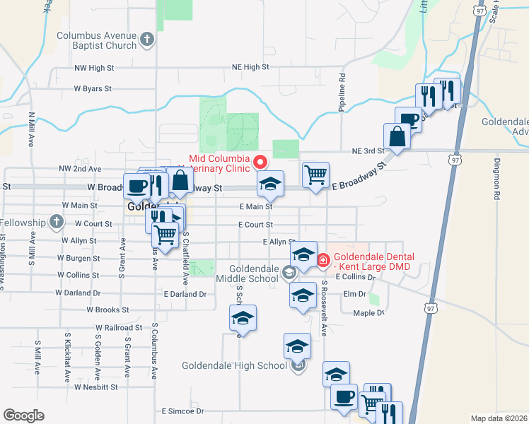 map of restaurants, bars, coffee shops, grocery stores, and more near 428 East Main Street in Goldendale