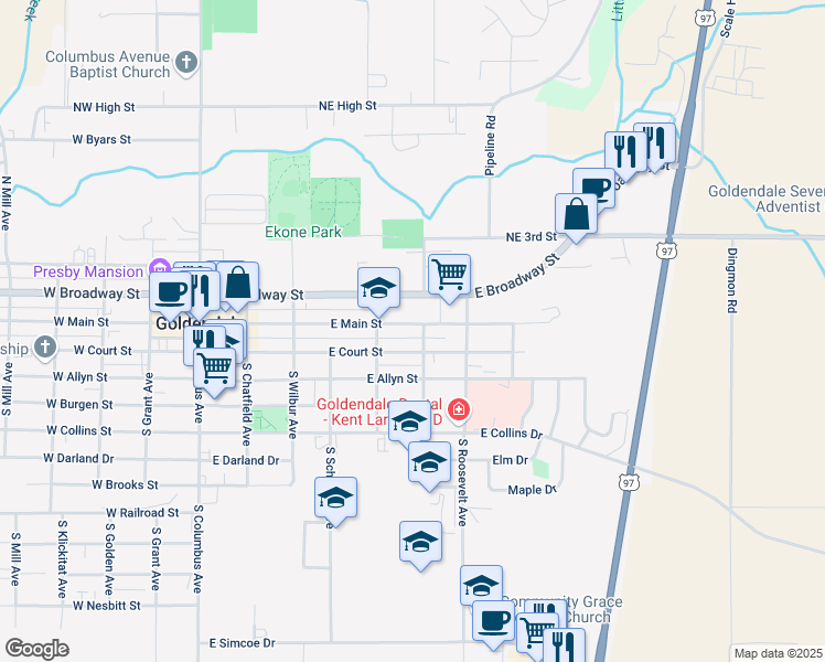 map of restaurants, bars, coffee shops, grocery stores, and more near 524 East Main Street in Goldendale