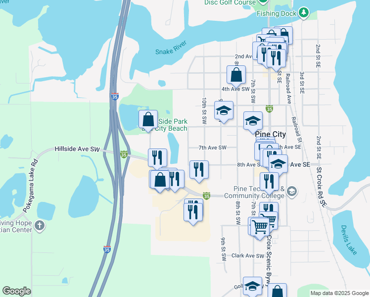 map of restaurants, bars, coffee shops, grocery stores, and more near 655 11th Street Southwest in Pine City
