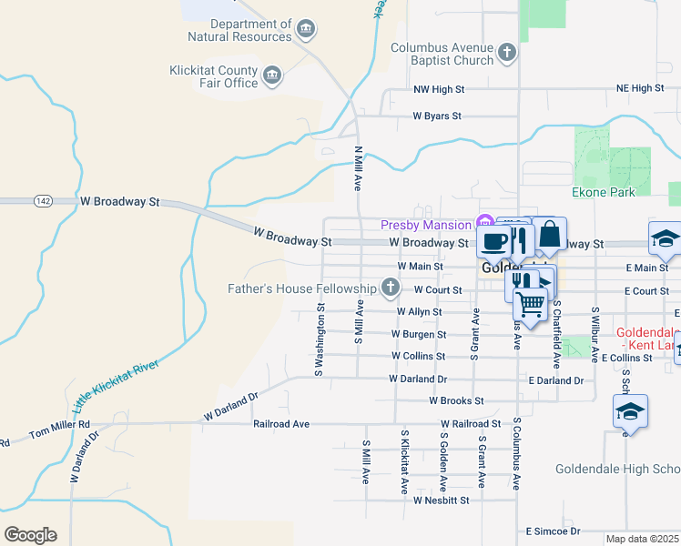 map of restaurants, bars, coffee shops, grocery stores, and more near 518 West Main Street in Goldendale