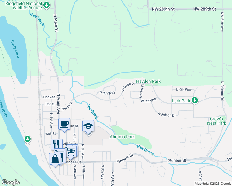 map of restaurants, bars, coffee shops, grocery stores, and more near 902 North 9th Way in Ridgefield