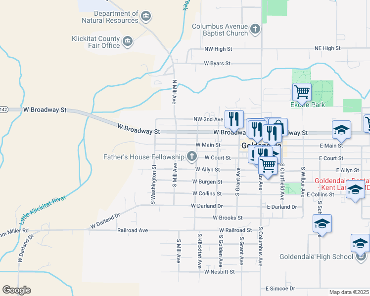 map of restaurants, bars, coffee shops, grocery stores, and more near 420 West Main Street in Goldendale