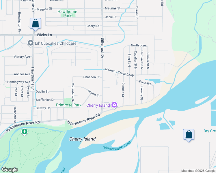 map of restaurants, bars, coffee shops, grocery stores, and more near 1315 Bitterroot Drive in Billings